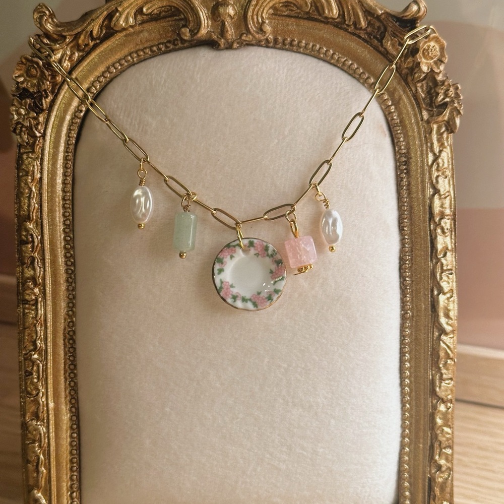 Vintage Porcelain Floral Plate Charm Necklace